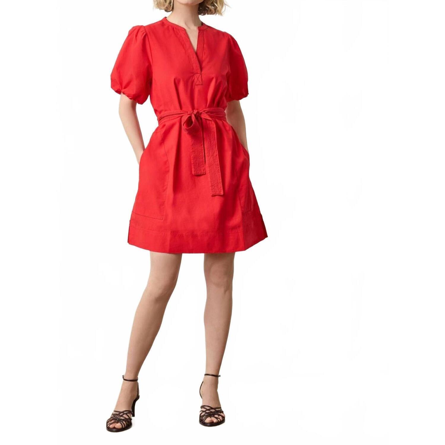 New Lilla P Shirred Sleeve Split Neck Dress In Scarlett